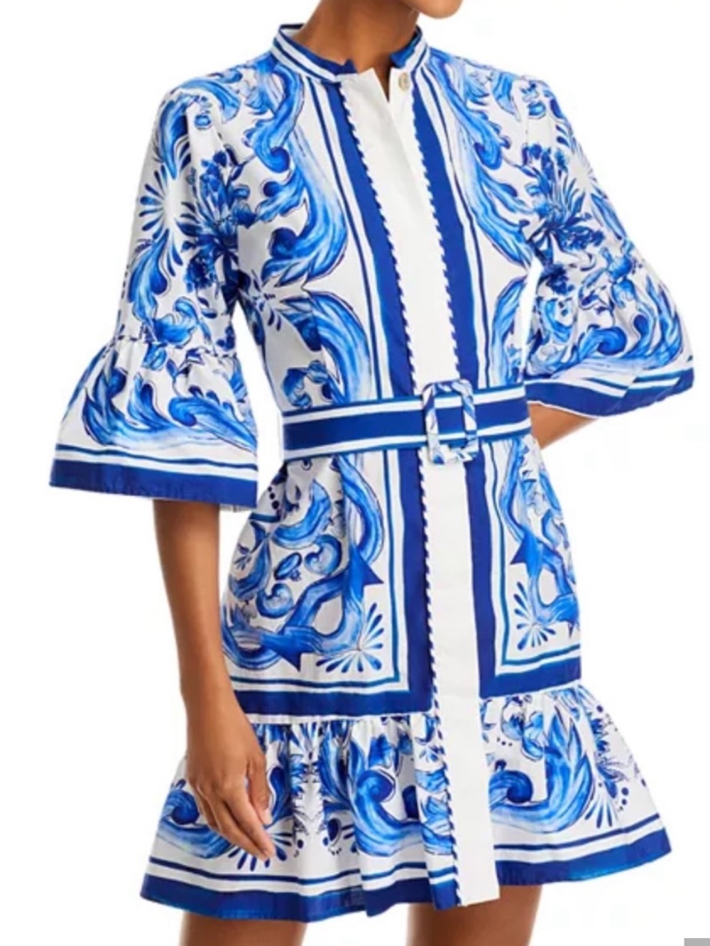 NWT FARM Rio Blue & White Garden Tile Print Belted Mini DreSS